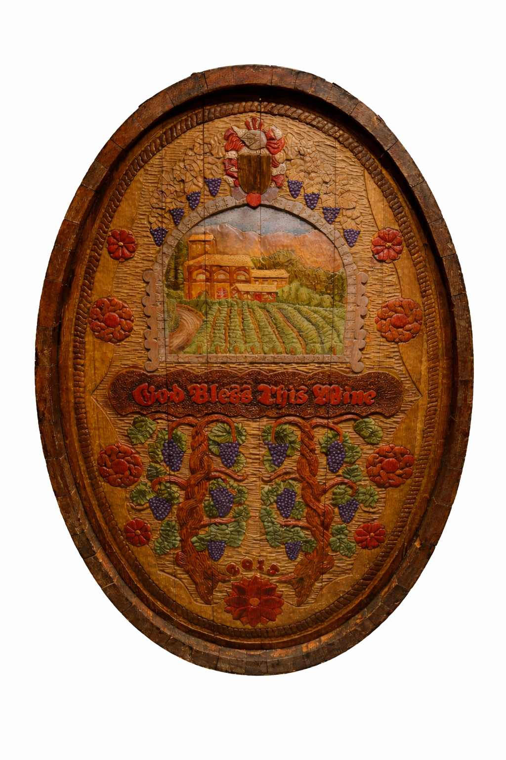 Oval wine cask end carving - artwork 1