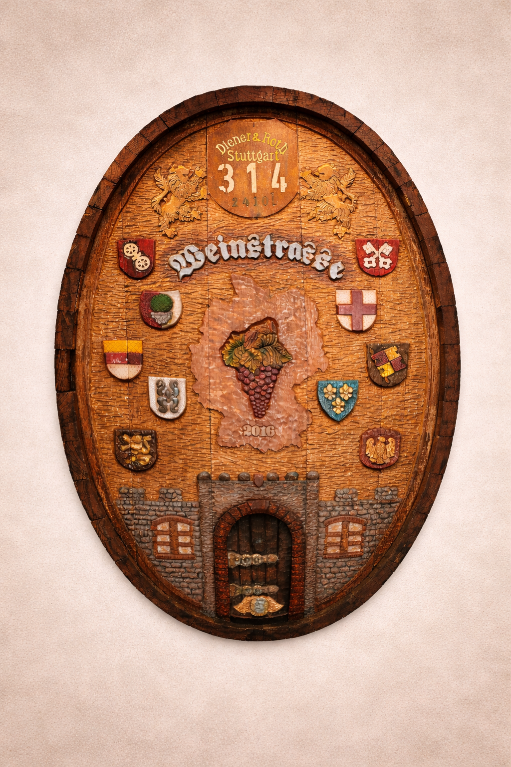 Oval wine cask end carving - artwork 3