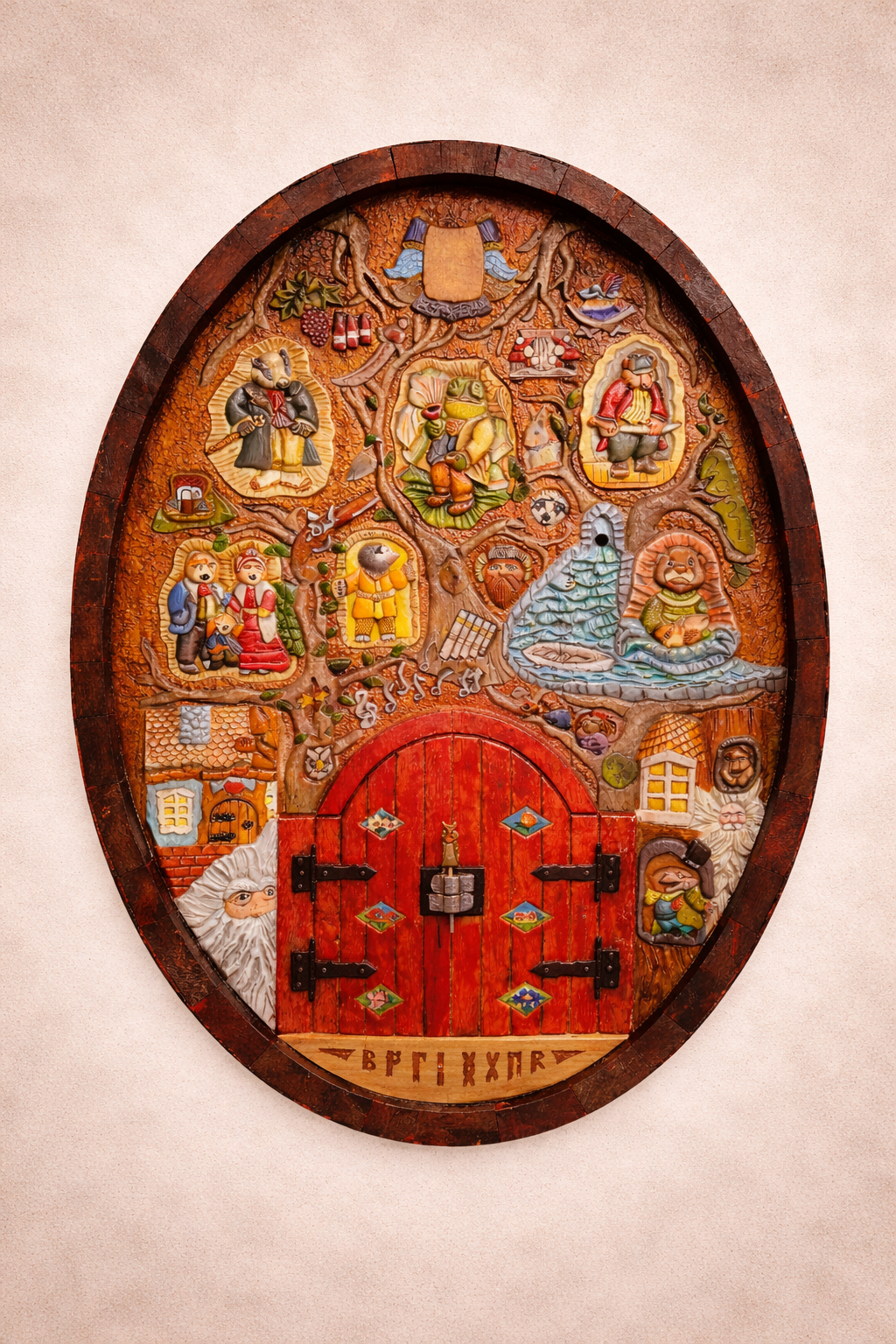 Detailed woodcarving on wine cask