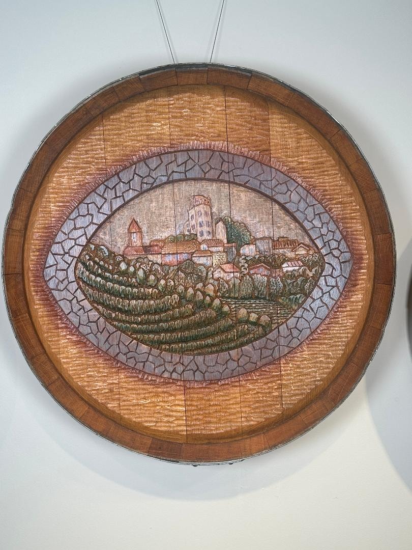 Vineyard Scene cask carving — full view