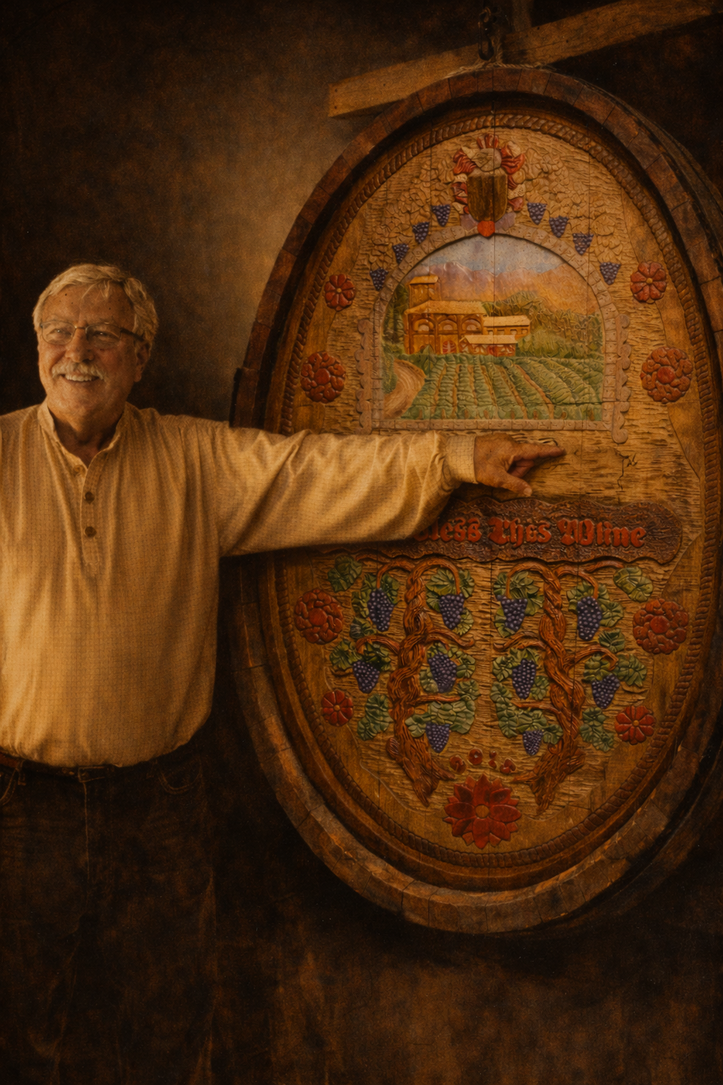 Vineyard Scene cask carving — grape harvest detail
