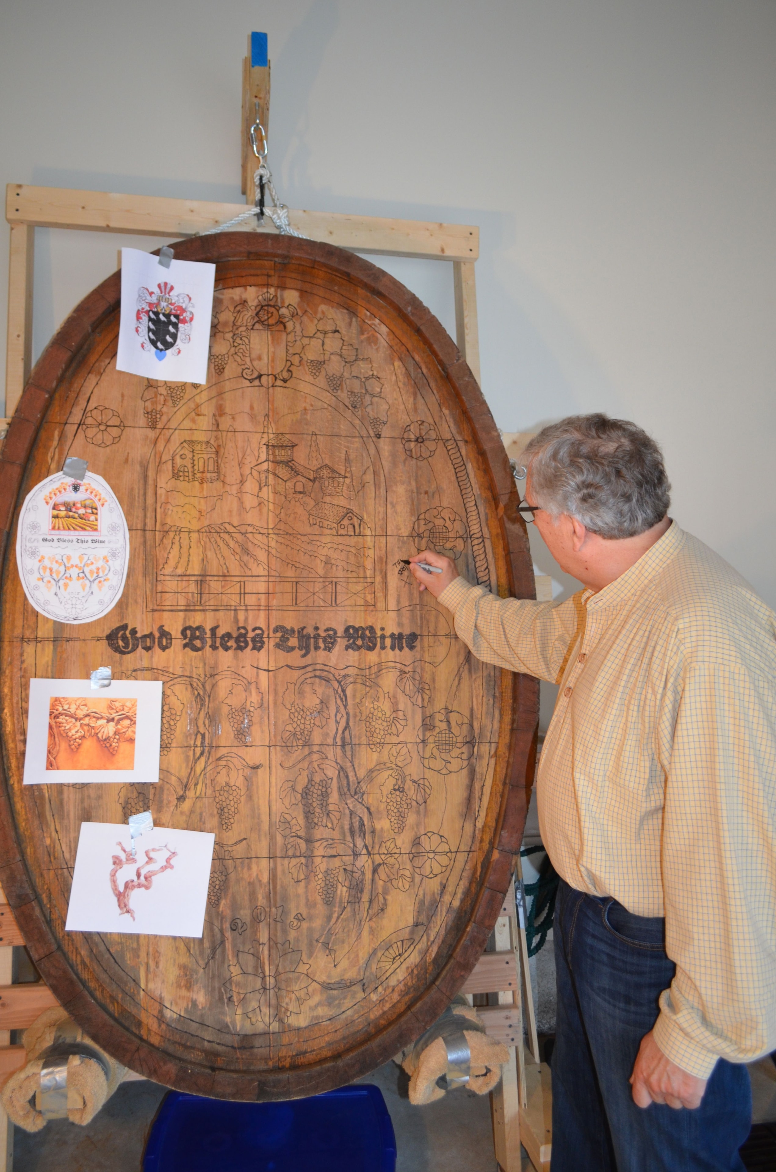 Vineyard Scene cask carving — winery landscape detail